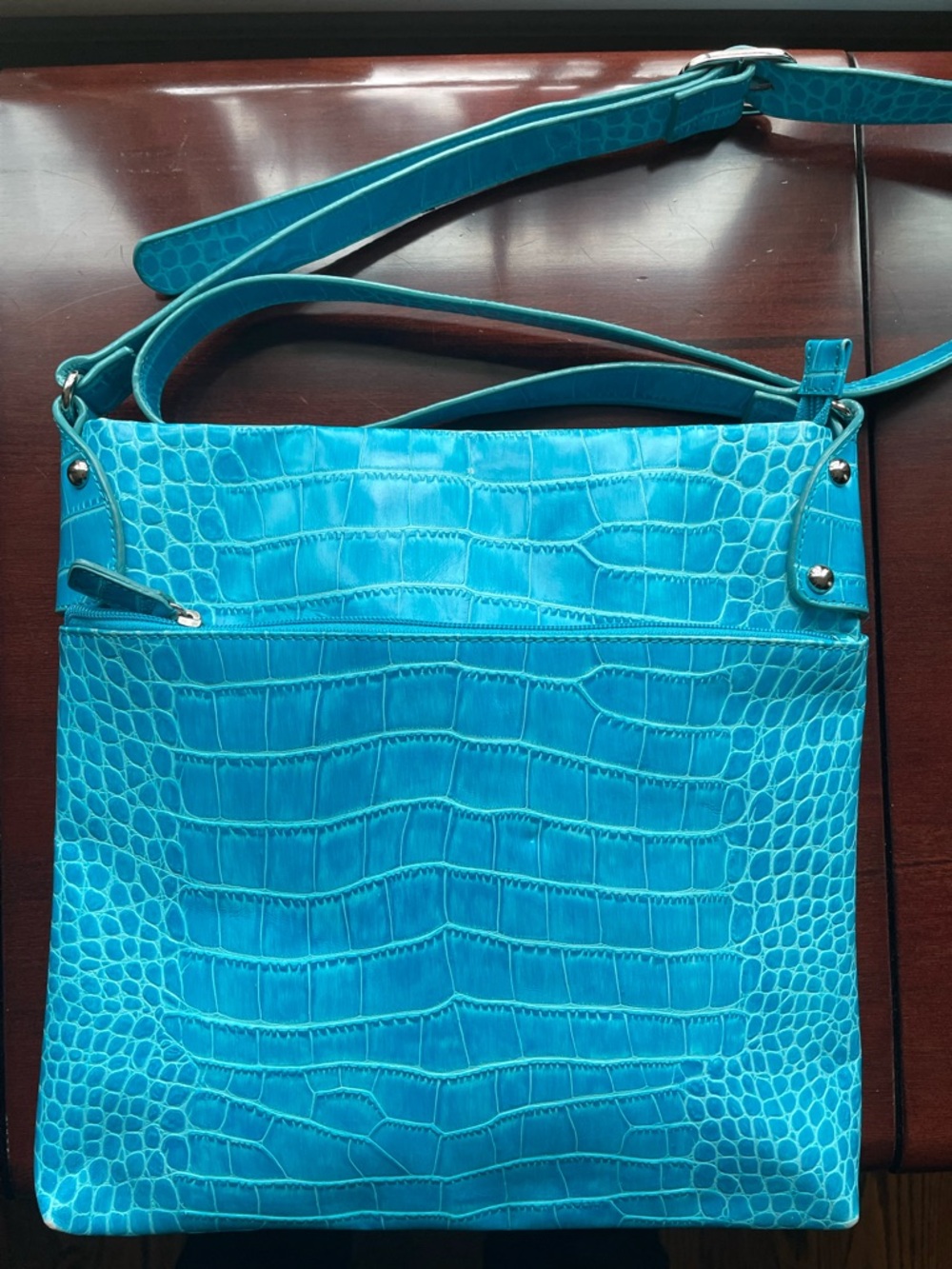 Danier Turquoise Croc-Embossed Shoulder Bag